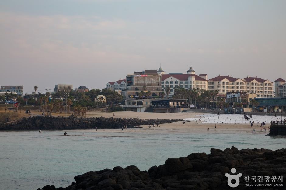 Hamdeok beach on Jeju Island with turquoise waters and volcanic rock formations along the shoreline