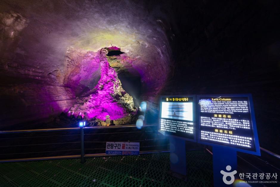 Interior of Manjanggul lava tube cave on Jeju Island showing volcanic basalt formations and the long tunnel passage