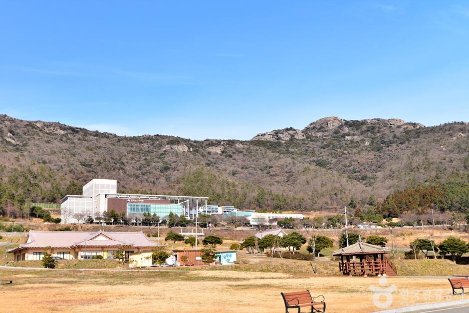 Traditional Korean cultural village in Jindo with tiled roofed buildings and performance space, home of the Jindo Arirang folk song tradition