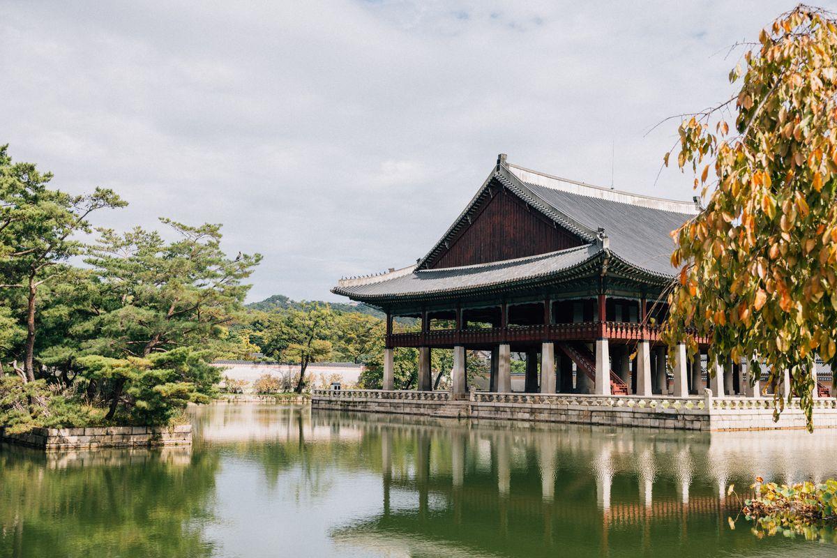 Gyeonghoeru Pavilion reflected in lotus pond at Gyeongbokgung Palace Seoul