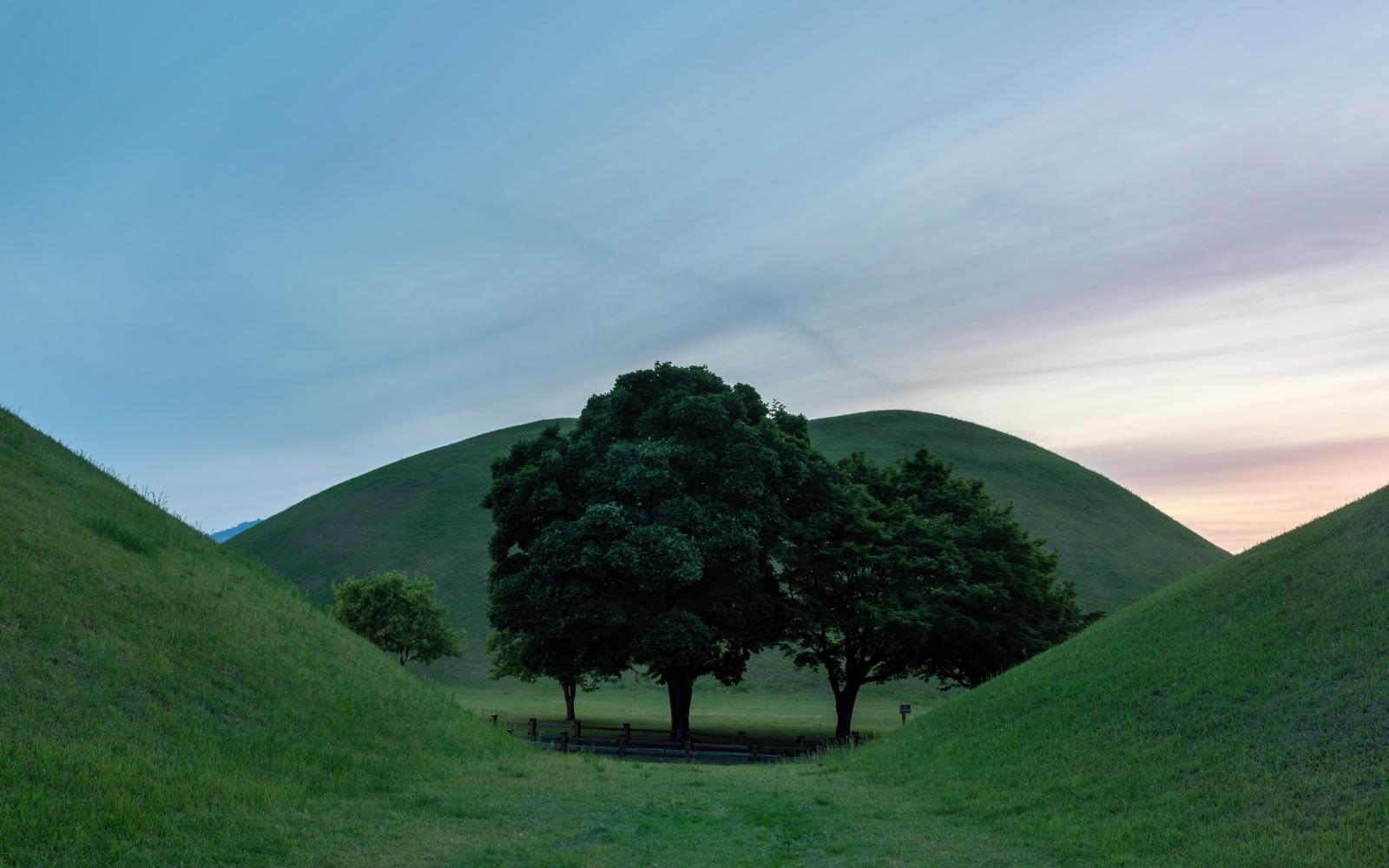 Grassy Silla royal tomb mounds at sunset in Daereungwon Tomb Complex, Gyeongju