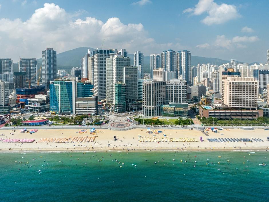 Haeundae Beach panoramic view in Busan, South Korea — wide sandy shore with beachgoers in summer