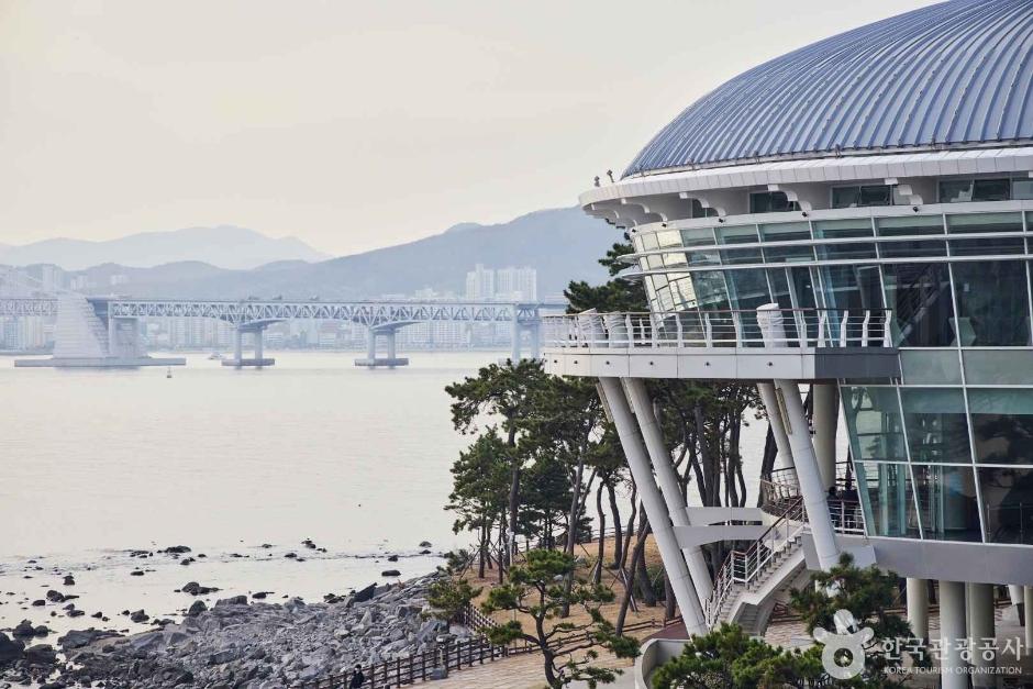 Nurimaru APEC House on Dongbaek Island with Haeundae Beach in the background, Busan