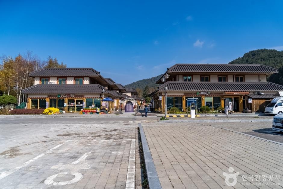Restaurant village at Odaesan National Park entrance with traditional Korean mountain vegetable cuisine