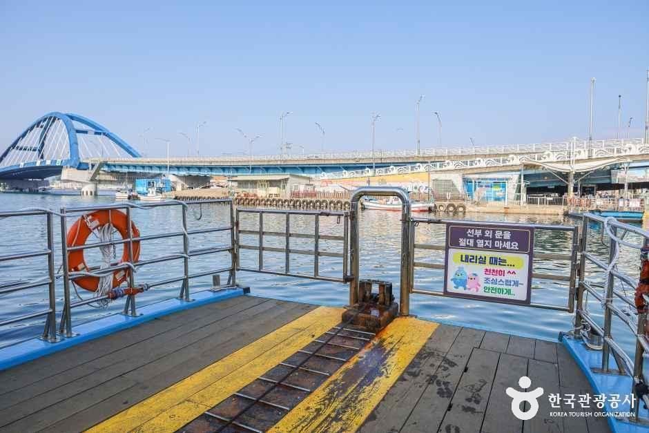 Close-up of the gaetbae ferry deck and overhead cable used to pull the boat across the channel to Abai Village