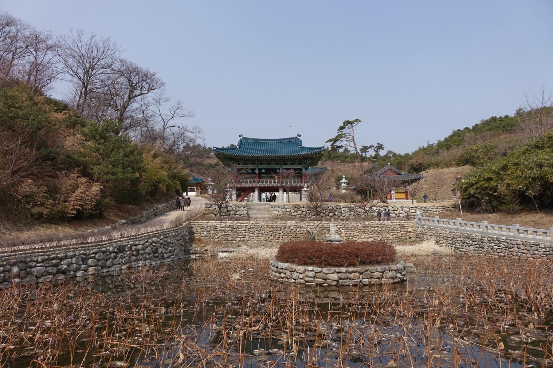 Naksansa Temple panoramic view in Yangyang, Korea showing temple grounds and East Sea