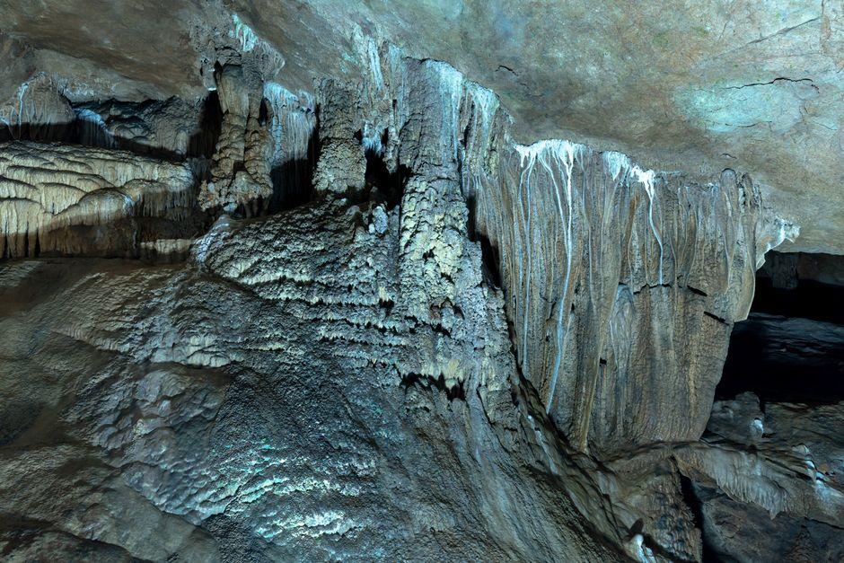 Stunning stalactites and stalagmites formations inside a Korean limestone cave